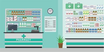 moderna farmacia interna o farmacia con bancone. pillole medicinali capsule flaconi vitamine e compresse. illustrazione vettoriale in stile piatto