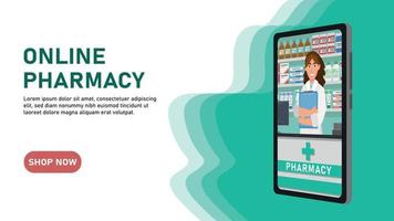 illustrazione piatta della farmacia online. app mobile per ordinare medicinali. forniture mediche, flaconi liquidi e pillole. concetto di pagina web della farmacia. vettore