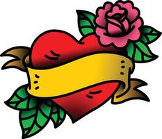un tatuaggio cuore e fiore con un fiore. tatuaggio nello stile della vecchia scuola americana. l'illustrazione è isolata su uno sfondo bianco. st. San Valentino. 8 marzo. vettore