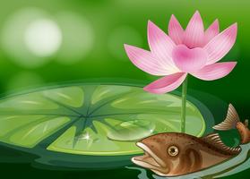 Un laghetto con un pesce, una ninfea e un fiore vettore