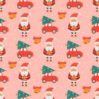 Babbo Natale con regalo e auto con albero di Natale su sfondo rosa, motivo vettoriale senza cuciture in stile piatto