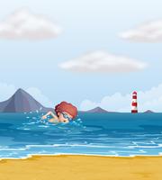 Un bambino che nuota in spiaggia vettore