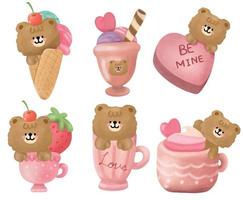 simpatico orso disegnato a mano con dessert dolce e tazza rosa vettore