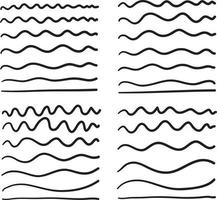 linea d'onda disegnata a mano e linee ondulate a zigzag. sottolineature nere vettoriali, ghirigori sinuosi orizzontali con estremità liscia isolati vettore