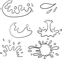 raccolta di spruzzi d'acqua con gocce, una spruzzata di acqua che cade in stile cartone animato doodle disegnato a mano vettore