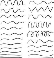 linea d'onda disegnata a mano e linee ondulate a zigzag. sottolineature nere vettoriali, ghirigori sinuosi orizzontali con estremità liscia isolati vettore