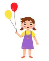 illustrazione vettoriale di ragazza carina cartone animato in piedi con palloncini colorati.