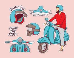 scooter classico colorato disegnato a mano con collezione di adesivi per casco vettore