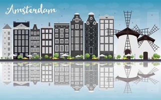 skyline della città di amsterdam con edifici grigi e riflessione. vettore