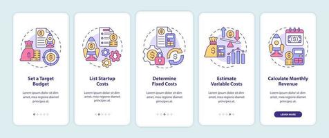 schermata dell'app mobile per l'onboarding del budget di avvio. procedura dettagliata di proiezione finanziaria 5 passaggi pagine di istruzioni grafiche con concetti lineari. ui, ux, modello gui. sono stati utilizzati una miriade di caratteri normali in grassetto vettore
