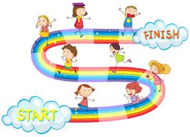 Modello di gioco con molti bambini sull&#39;arcobaleno vettore