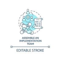 costruire un'icona del concetto di team di implementazione. realizzazione della strategia. supporto del programma di esecuzione illustrazione al tratto sottile dell'idea astratta. disegno a colori di contorno isolato vettoriale. tratto modificabile vettore