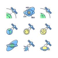 funzioni dei satelliti set di icone di colore verde, blu rgb. orbite dei satelliti. connessione di rete globale di telecomunicazioni, segnale. illustrazioni vettoriali isolate. semplice raccolta di disegni al tratto riempiti