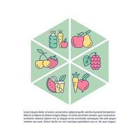 icone della linea di concetto di cibo sano con testo. modello vettoriale di pagina ppt con spazio di copia. brochure, rivista, elemento di design della newsletter. contenuto di acqua in frutta, verdura illustrazioni lineari su bianco