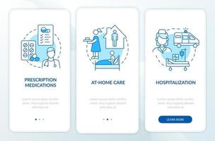 schermata della pagina dell'app mobile di onboarding per la cura della polmonite. a casa e in ospedale procedura dettagliata 3 passaggi istruzioni grafiche con concetti. modello vettoriale ui, ux, gui con illustrazioni a colori lineari