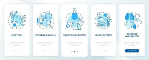 segni di polmonite durante l'onboarding della schermata della pagina dell'app mobile. sudorazione fredda e brividi procedura dettagliata 5 passaggi istruzioni grafiche con concetti. modello vettoriale ui, ux, gui con illustrazioni a colori lineari