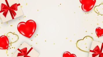 modello di banner o carta di san valentino con elementi decorativi di cuori 3d lucidi, scatole regalo, cornici a forma di cuore, paillettes e coriandoli su sfondo beige. illustrazione vettoriale realistica