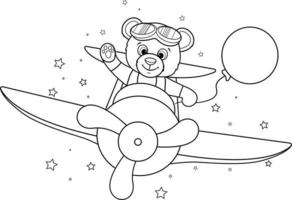 pagina da colorare felice orsacchiotto che vola su un aeroplano vettore
