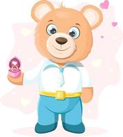 cartone animato orsacchiotto innamorato che tiene l'anello. sfondo rosa con cuori vettore