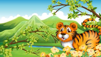 Una tigre nella montagna vicino al fiume che scorre vettore