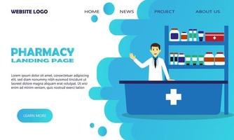 pagina di destinazione della farmacia in stile semplice per modello di sito Web con farmacista e farmacia vettore