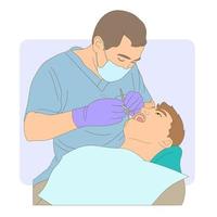 dentista maschio che fa un trattamento in una clinica, il giorno del dentista. vettore
