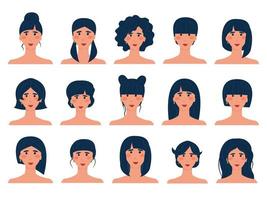 set di 15 avatar bruna con diverse acconciature. immagine isolata di una ragazza europea con i capelli scuri. opzioni di acconciatura. illustrazione vettoriale. vettore