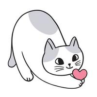 cartone animato carino gatto e piccolo cuore vettore. vettore