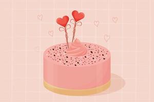dettagliata e porta una torta romantica rosa, per salutare il giorno di San Valentino, smaltata su sfondo moderno astratto. poster, banner o biglietto di auguri. illustrazione vettoriale