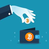 Trasferimento di criptovaluta Bitcoin nel portafoglio. Concetto di trasferimento di denaro digitale. vettore