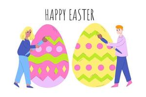 piccola coppia di innamorati dipinge le uova di Pasqua. Buona Pasqua. il concetto di prepararsi per la Pasqua, celebrare la Pasqua con tutta la famiglia. illustrazione vettoriale in stile cartone animato.