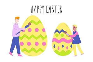 piccolo padre e figlia dipingono le uova di Pasqua. Buona Pasqua. il concetto di prepararsi per la Pasqua, celebrare la Pasqua con tutta la famiglia. illustrazione vettoriale in stile cartone animato.