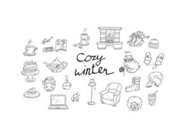 accogliente doodle invernale con scritte. elementi di design disegnati a mano. accessori per il caldo inverno, dolci, simpatici gatti e complementi d'arredo. illustrazione dello schizzo vettoriale isolato su uno sfondo bianco.