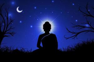 shinny lord buddha con sfondo di notte stellata. design del giorno vesak con stella, luna crescente e silhouette buddha.