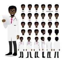 personaggio dei cartoni animati con medico professionista afroamericano in uniforme intelligente per l'animazione. fronte, lato, retro, 3-4 caratteri di visualizzazione. parti separate del corpo. illustrazione vettoriale piatta.