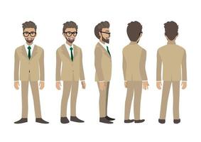 personaggio dei cartoni animati con uomo d'affari. personaggio animato davanti, di lato, dietro, 3-4 visualizzazioni. illustrazione vettoriale piatto.