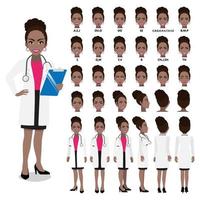 personaggio dei cartoni animati con medico professionista afroamericano in uniforme intelligente per l'animazione. fronte, lato, retro, 3-4 caratteri di visualizzazione. parti separate del corpo. illustrazione vettoriale piatta.