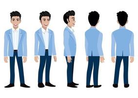 personaggio dei cartoni animati con uomo d'affari in un abito blu per l'animazione. personaggio animato con vista frontale, laterale, posteriore, 3-4. illustrazione vettoriale piatta.