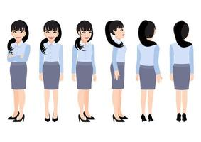 personaggio dei cartoni animati con donna d'affari in camicia intelligente per l'animazione. fronte, lato, retro, 3-4 caratteri di visualizzazione. illustrazione vettoriale piatta.
