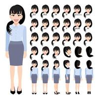 personaggio dei cartoni animati con donna d'affari in camicia intelligente per l'animazione. fronte, lato, retro, 3-4 caratteri di visualizzazione. parti separate del corpo. illustrazione vettoriale piatta.