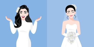 una bella giovane donna con un abito da sposa due stili il giorno del matrimonio in uno sfondo blu. personaggio dei cartoni animati di san valentino e vettore di disegno astratto
