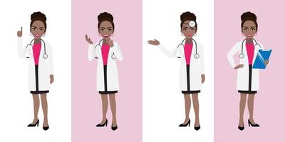 set di personaggi dei cartoni animati di dottoressa, dottoressa africana americana in diverse pose, operatore medico o personale ospedaliero. icona piana del fumetto medico su un vettore di sfondo bianco e rosa