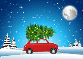 l'auto rossa continua l'albero di natale per decorare la grande vacanza nella notte d'inverno vettore