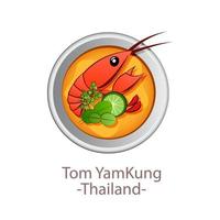 vista dall'alto del cibo popolare della thailandia, tom yum kung, in cartone animato vettore