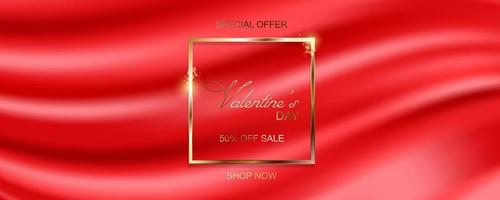 felice banner di vendita di san valentino su sfondo di tessuto di seta vettore