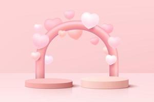 podio con piedistallo cilindrico 3d rosa realistico con palloncini galleggianti a forma di cuore. scena minima pastello di san valentino per vetrina di prodotti, display promozionale. disegno astratto della piattaforma della stanza dello studio di vettore