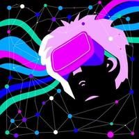 arte della testa umana futuristica al neon con cuffie per realtà virtuale completamente immersive. occhiali vr, realtà aumentata. vettore