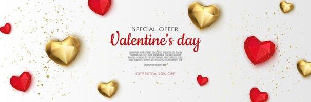 banner creativo romantico di buon san valentino, intestazione orizzontale per il sito Web. sfondo realistico cuore 3d. vettore