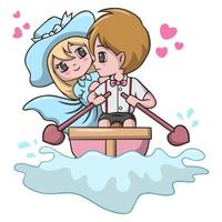 giovani coppie carine che guidano in una barca vettore