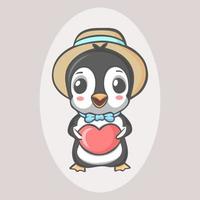 simpatico pinguino kawaii con cuore rosso vettore